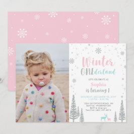 ピンク&ミント | Winter Onederland Girl 1st誕生日 招待状