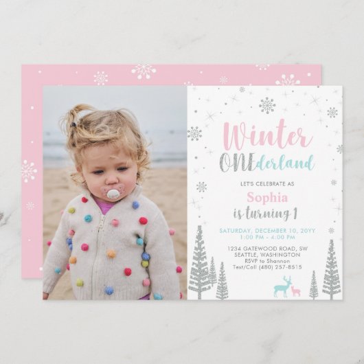 ピンク&ミント | Winter Onederland Girl 1st誕生日 招待状 (正面/裏面)