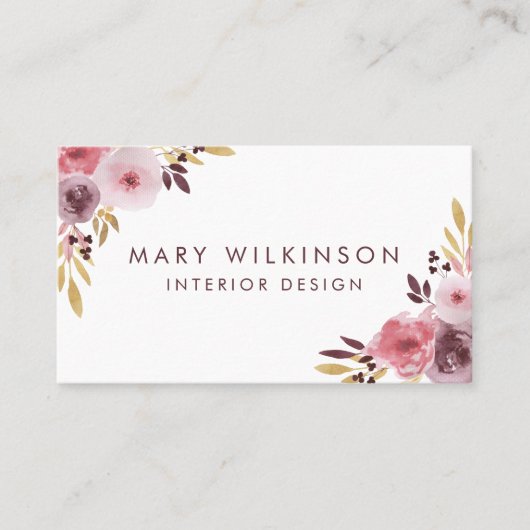 ピンク、メイブ、紫の水彩の花と葉 名刺 (正面)