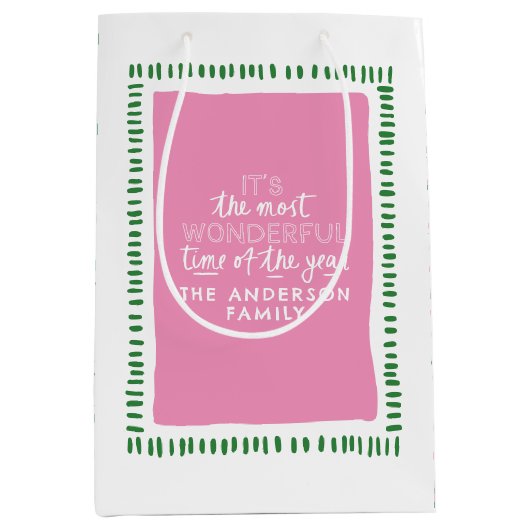 ピンク&モダングリーンホリデパーソナライズされたィ抱き枕 ミディアムペーパーバッグ (正面)