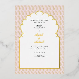 ピンク&モダン金ゴールドメーフェンディ式インディアン 箔招待状