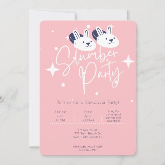 ピンク モダン ウサギ スリッパ スリーパー パーティー お泊まり会 招待状 (正面)