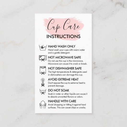 ピンク モダン カップ ケア インストラクション カスタマイズ ロゴ 名刺 (裏面)
