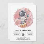 ピンク モダン ジャーニー 宇宙飛行士 誕生日 招待状 (正面/裏面)