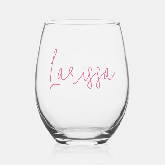 ピンク モダン スクリプト ネーム ブライズメイド パーティー ステムなしワイングラス (正面)