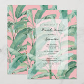 ピンク モダン トロピカル ヤシの葉 ブライダル シャワー 招待状 (正面/裏面)