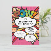 ピンク モダン ファン バースデー パーティー コミックブック どんな年齢でも 招待状 (スタンド正面)