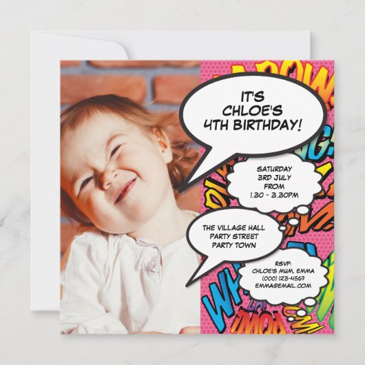 ピンク モダン ファン フォト バースデー パーティー どんな年齢でも 招待状 (正面)