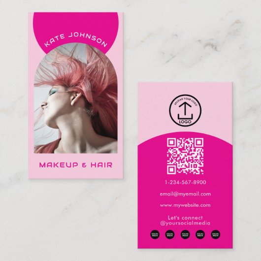 ピンク モダン メイク ヘア アーチ 写真 QRコード ロゴ 名刺 (正面/裏面)