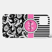 ピンク、モノグラムのブラック、ホワイトのダマスクストライプのケース Case-Mate iPhoneケース (裏面 (横))