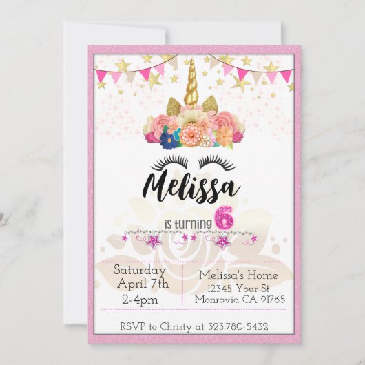 ピンク・ユニコーンが6人の誕生日パーティーの招待を回す 招待状 (正面)