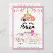 ピンク・ユニコーンが6人の誕生日パーティーの招待を回す 招待状 (正面/裏面)