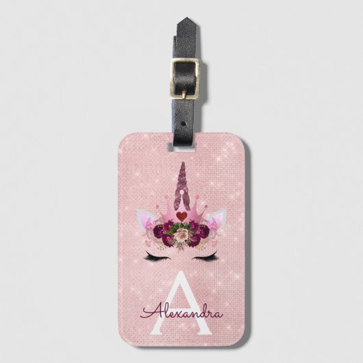 ピンク ユニコーン スパークル プリンセス モノグラム 名前 ラゲッジタグ (正面縦)