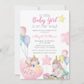 ピンク・ユニコーン、金ゴールドスター、バルーンガール・ベビーシャワー 招待状 (正面)