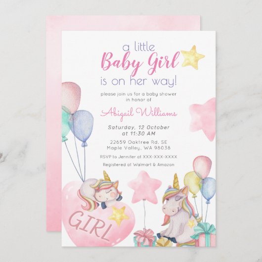 ピンク・ユニコーン、金ゴールドスター、バルーンガール・ベビーシャワー 招待状 (正面/裏面)