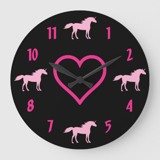 ピンク·ユニコーン(黒にホットピンクハート付き) ラージ壁時計 (正面)