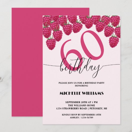 ピンク ラズベリー 水彩アート カリグラフィー 誕生日 招待状 (正面/裏面)