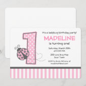 ピンク·ラディバグ1歳の誕生日 招待状 (正面/裏面)