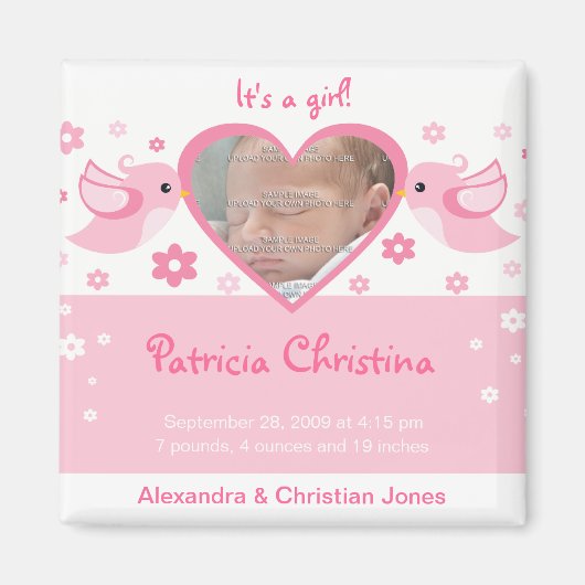 ピンク・ラブ・バード写真ベビー誕生のお知らせ マグネット (正面)