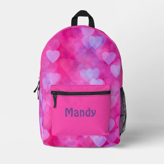 ピンク&ラベンダーハート パーソナライズされた プリントバックパック (正面)