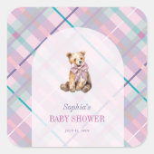 ピンク&ラベンダープレイドテディベアガールベビーシャワー スクエアシール (正面)