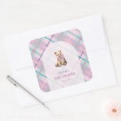 ピンク&ラベンダープレイドテディベアガールベビーシャワー スクエアシール (封筒)