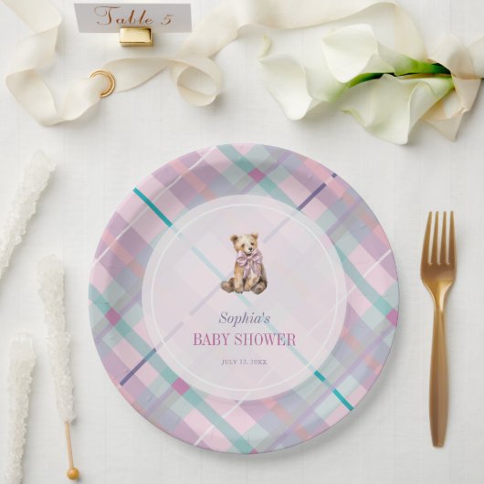 ピンク&ラベンダープレイドテディベアガールベビーシャワー ペーパープレート (ウェディング)