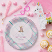 ピンク&ラベンダープレイドテディベアガールベビーシャワー ペーパープレート (パーティー)