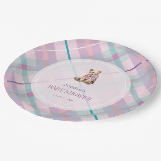 ピンク&ラベンダープレイドテディベアガールベビーシャワー ペーパープレート (アングル)