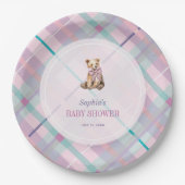 ピンク&ラベンダープレイドテディベアガールベビーシャワー ペーパープレート (正面)