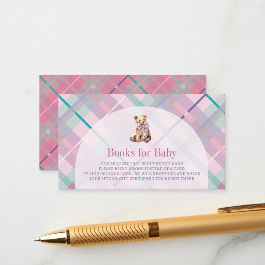 ピンク&ラベンダープレイドテディベアベビーブックリクエスト エンクロージャーカード (正面/裏面インサイチュ)