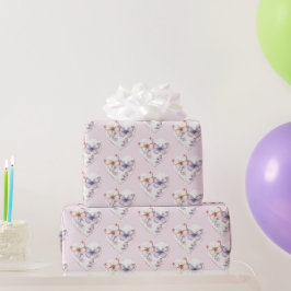 ピンク ラベンダー フラワー ハート 蝶々 誕生日 ラッピングペーパー