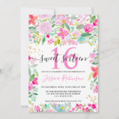 ピンク ラベンダー ルーズ フラワーズ ゴールド スクリプト スイート 16 招待状 (正面)