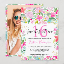 ピンク ラベンダー ルーズ フラワーズ ゴールド スクリプト スイート 16 招待状