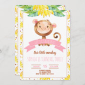 ピンク·リトル·サル·ベビー·ガール·バースデー·パーティー 招待状 (正面/裏面)