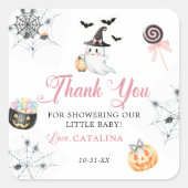 ピンク リトル ブー ベイビー シャワー かわいいおばけ & パンプキン スクエアシール (正面)