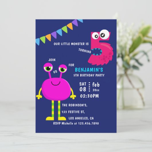 ピンク・リトル・モンスターファイブバースデーパーティー 招待状 (スタンド正面)