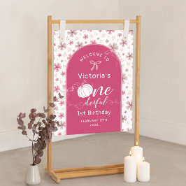 ピンク リボン アーチ 秋のカボチャの花 誕生日 ポスター