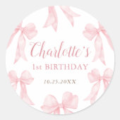 ピンク リボン 女の子の1歳の誕生日 ラウンドシール (正面)