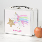 ピンク·レインボー·ユニコーン·ウィズ·金ゴールド·グリッター·スター·ガールズ メタルランチボックス (インサイチュ)
