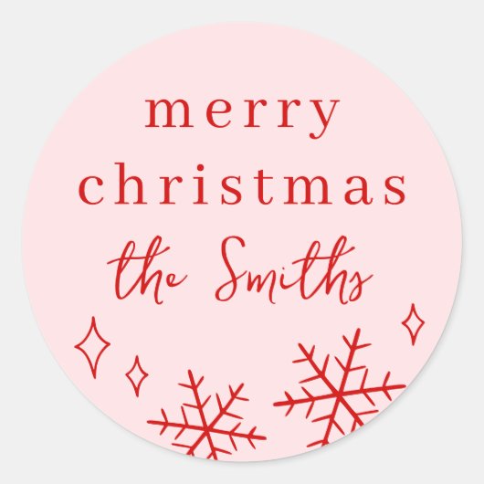 ピンク&レッドお洒落クリスマススノーフレークファミリー ラウンドシール (正面)