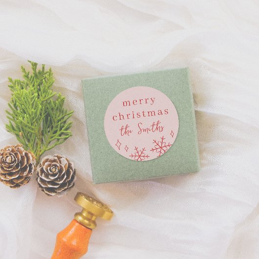 ピンク&レッドお洒落クリスマススノーフレークファミリー ラウンドシール