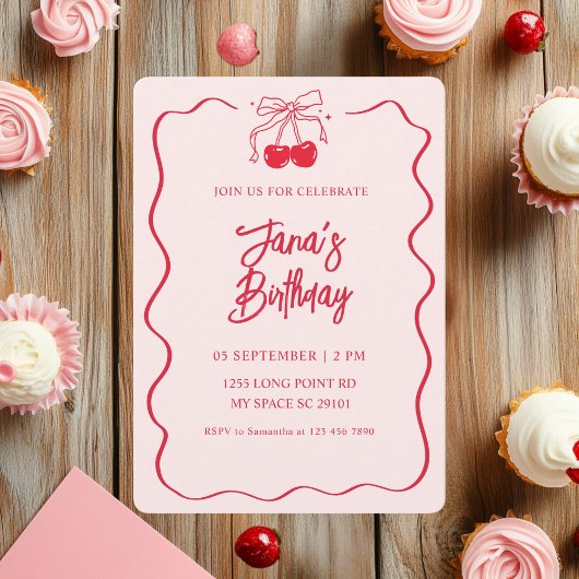 ピンク&レッドさくらんぼ誕生日パーティー 招待状