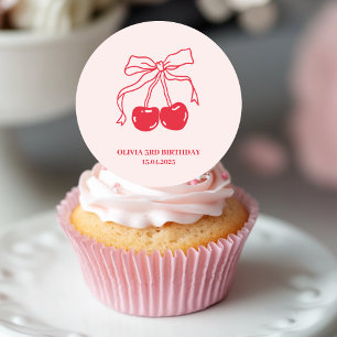 ピンク&レッドさくらんぼ誕生日 ラウンドシール
