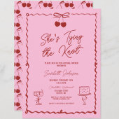 ピンク&レッドタイイングザノットボウさくらんぼブライダルシャワー 招待状