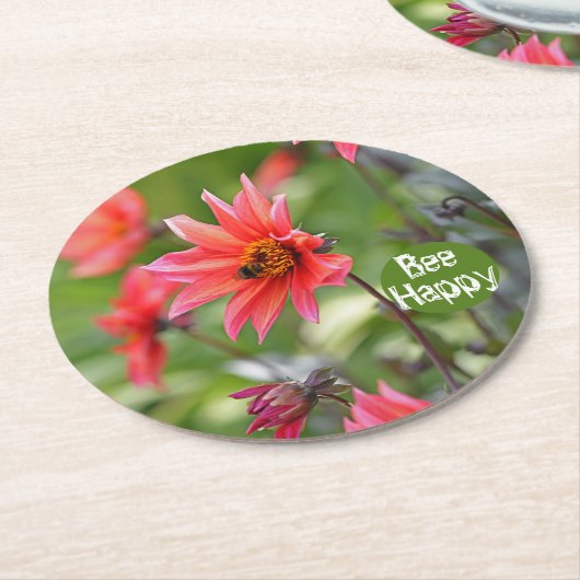 ピンク&レッドダリアビーハッピーフラワーやる気を起こさせる ラウンドペーパーコースター (アングル)