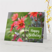 ピンク&レッドダリアフラワーズウィズリーハッピーバースデー カード (黄色い花)