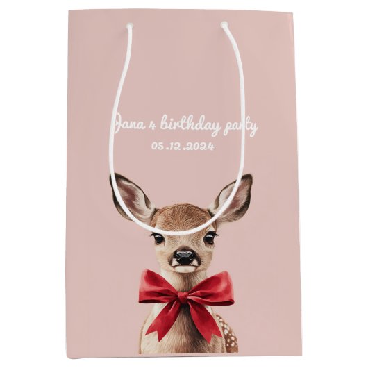 ピンク&レッドディアー抱き枕 | ウッドランド誕生日パーティー ミディアムペーパーバッグ (正面)