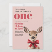 ピンク&レッドディアー誕生日 | ウィンターウッドランドパーティー 招待状 (正面)