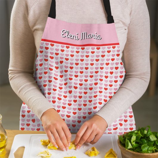 ピンク&レッドバレンタインハートパターン名前をカスタムする エプロン